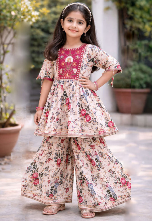Off White Cotton Girls Floral Kurta Palazzo Set with Embroidered Yoke - Tiny Twirls