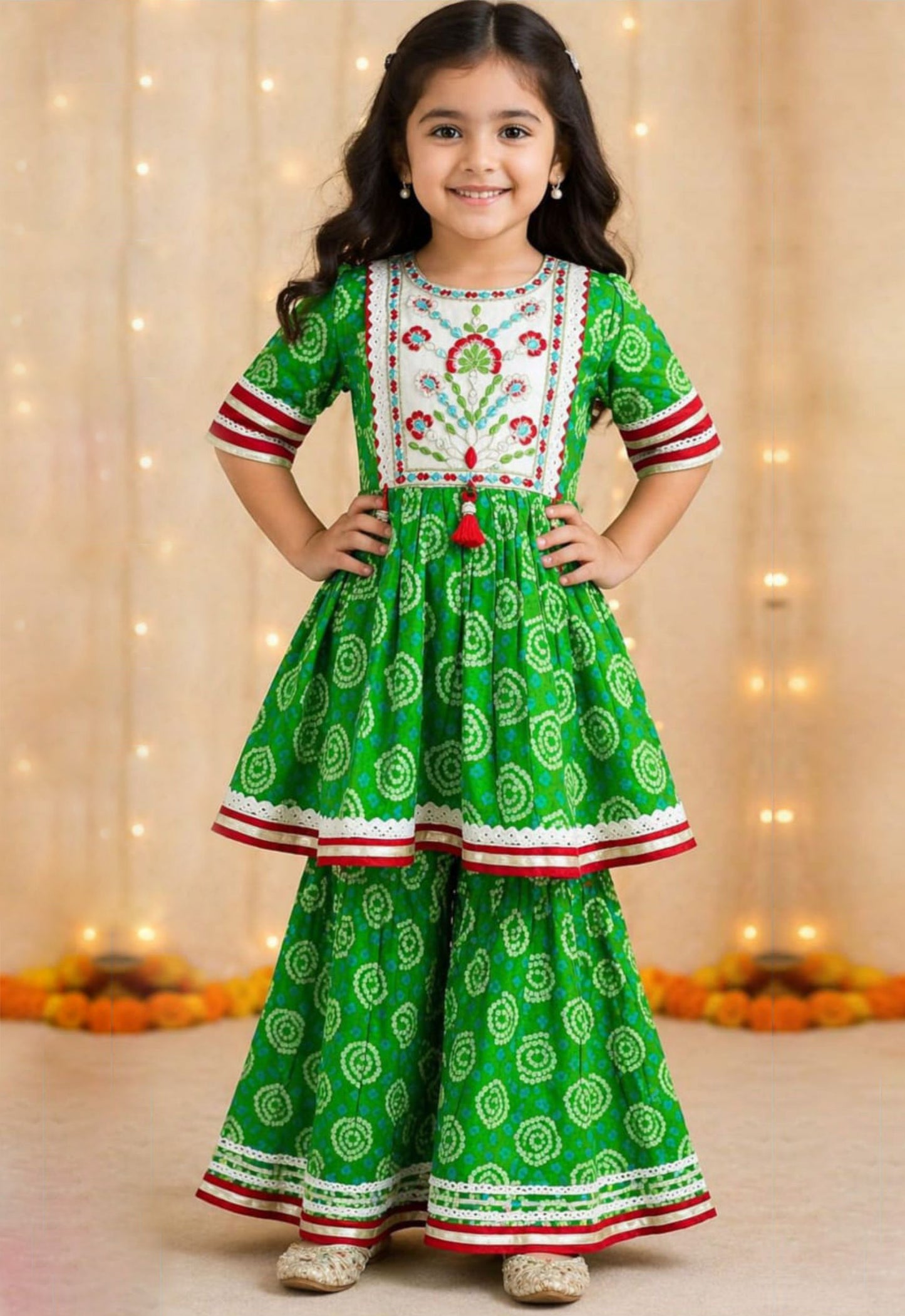 Emerald Green Cotton Girls Festive Kurta Sharara Set with Floral Embroidery - Tiny Twirls