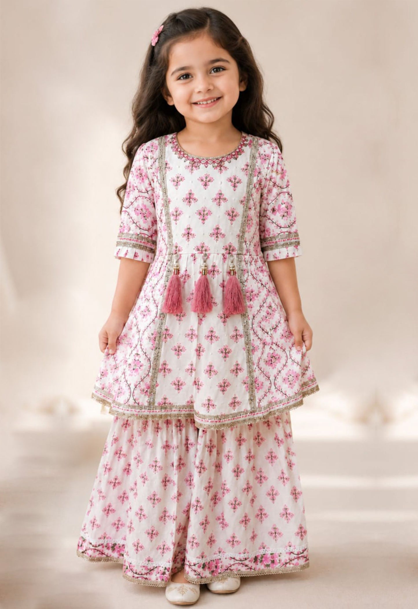 Blush Pink Cotton Girls Printed Kurta Sharara Set with Tassel Elegance Charm - Tiny Twirls