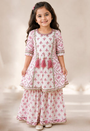 Blush Pink Cotton Girls Printed Kurta Sharara Set with Tassel Elegance Charm - Tiny Twirls
