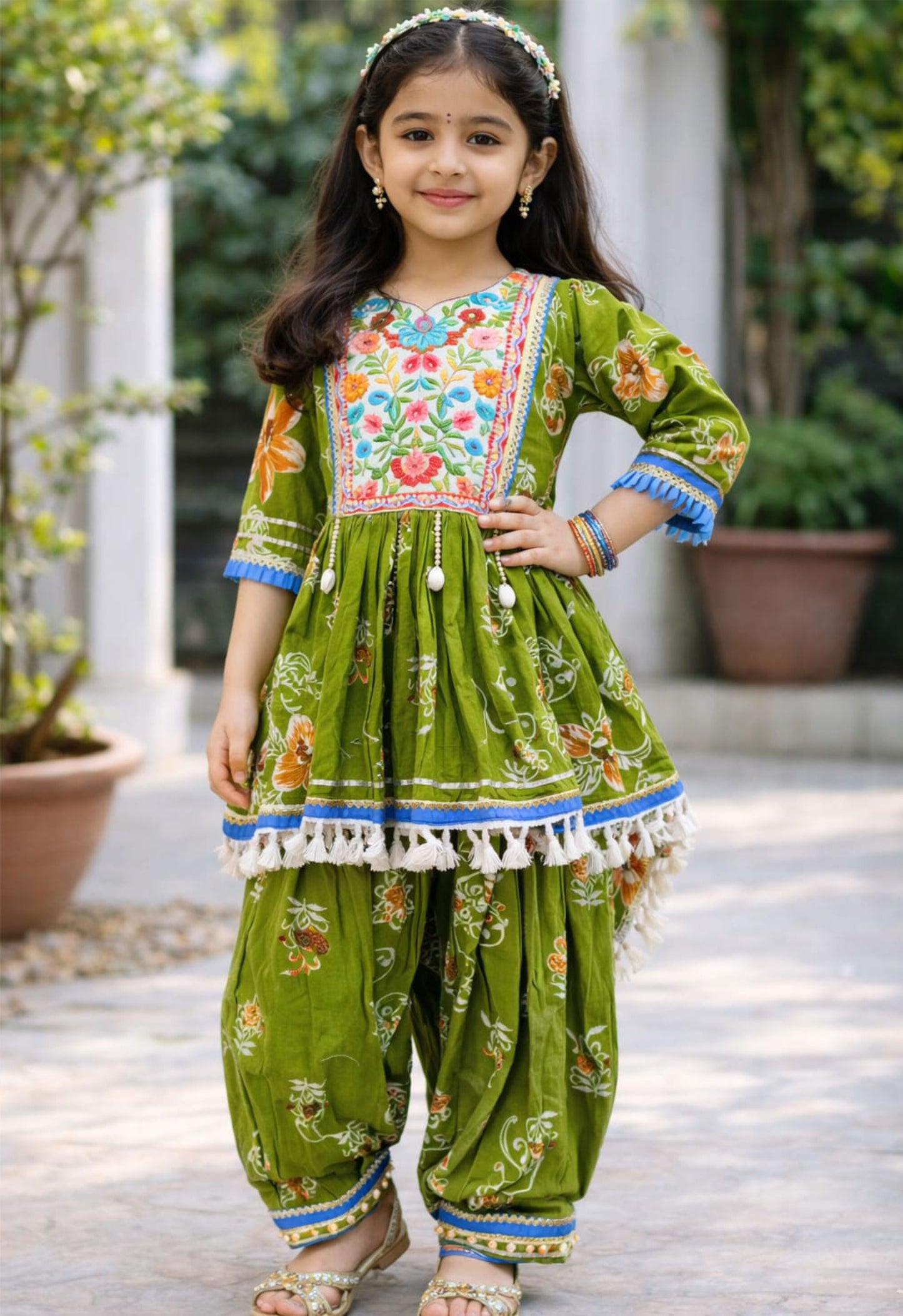 Olive Green Cotton Girls Printed Kurta Dhoti Set  - Twiny Twirls