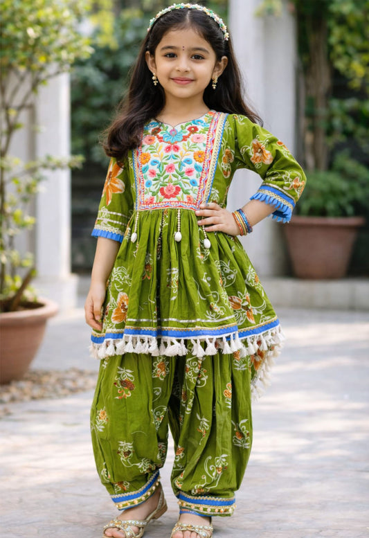 Olive Green Cotton Girls Printed Kurta Dhoti Set  - Twiny Twirls