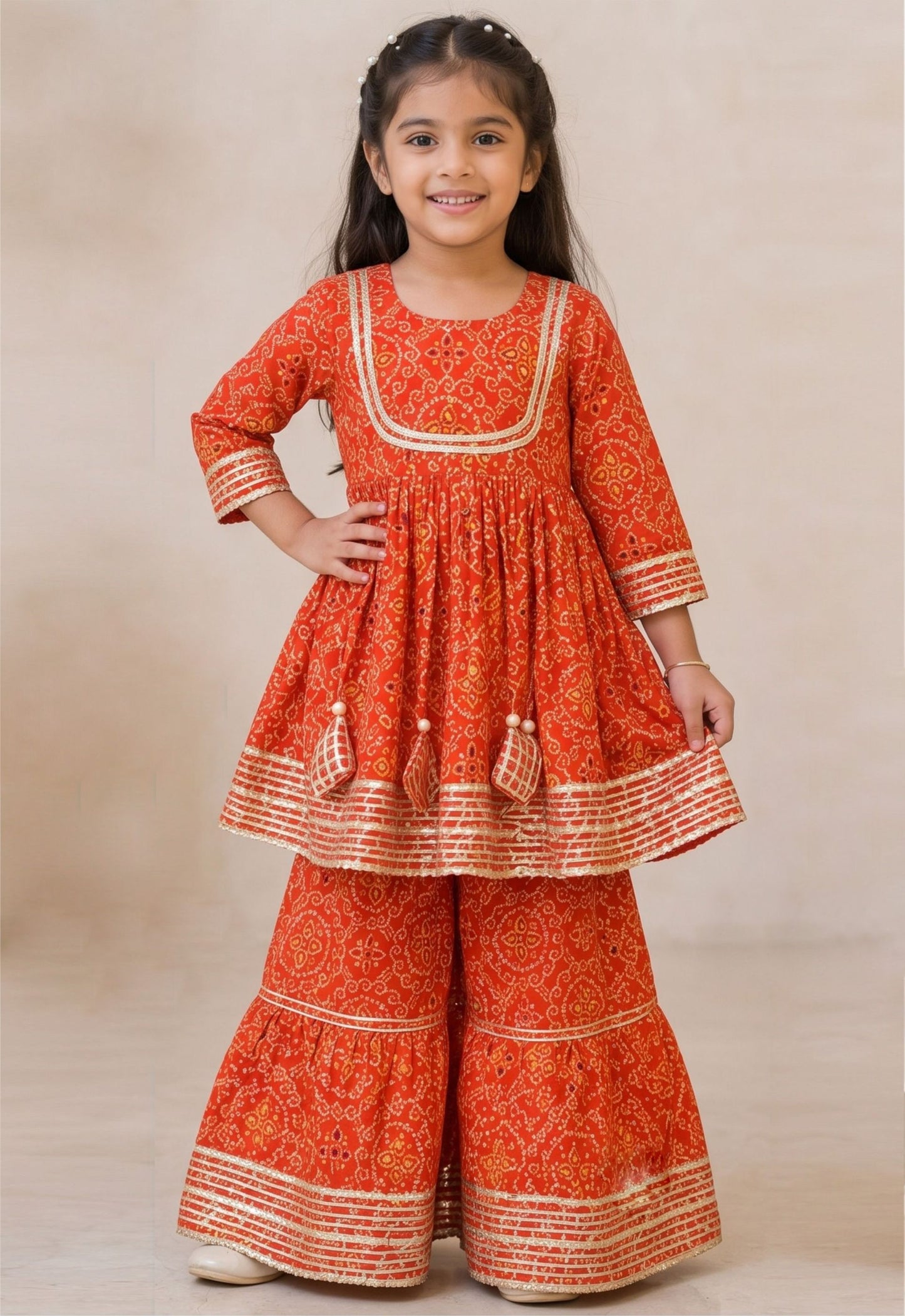 Rust Orange Cotton Girls Printed Kurta Palazzo Set  - Twiny Twirls