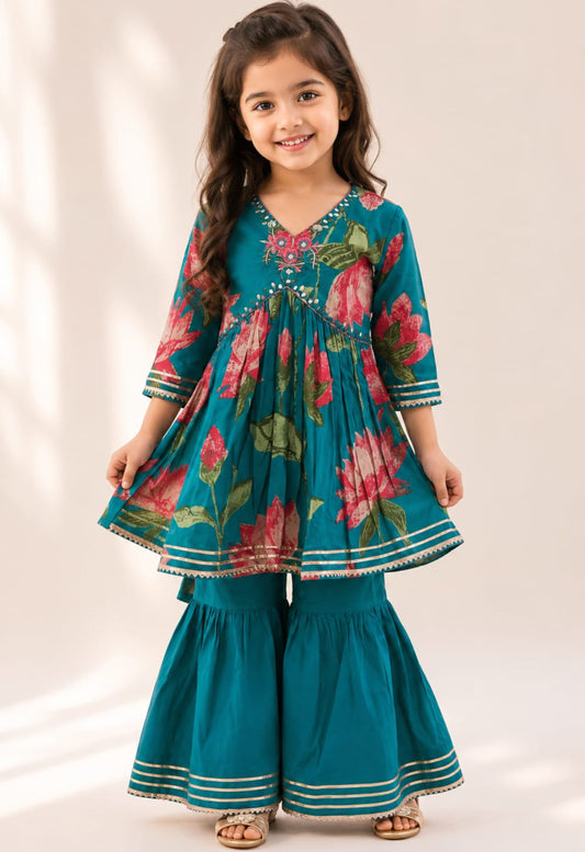 Teal Blue Cotton Girls Floral Kurta Palazzo Set  - Twiny Twirls