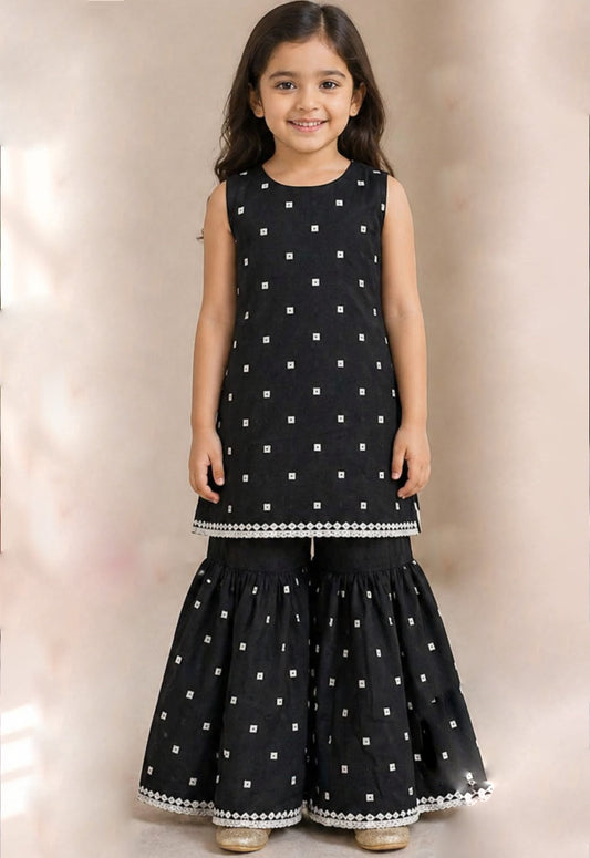 Black Cotton Girls Sleeveless Kurta Sharara Set for Chic Festive Elegance - Tiny Twirls