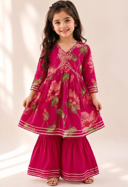 Rani Pink Cotton Girls Floral Kurta Palazzo Set  - Twiny Twirls
