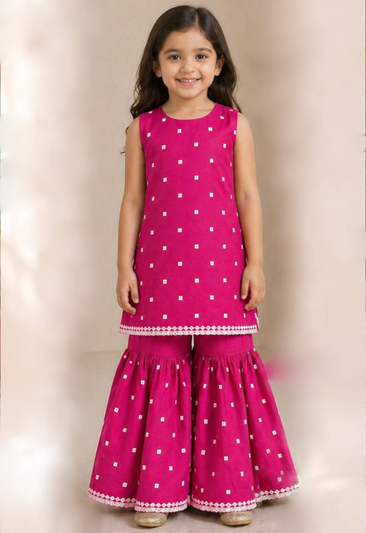 Fuchsia Pink Cotton Girls Sleeveless Kurta Sharara Set for Festive Celebrations - Tiny Twirls