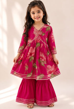 Rani Pink Cotton Girls Floral Kurta Palazzo Set  - Twiny Twirls