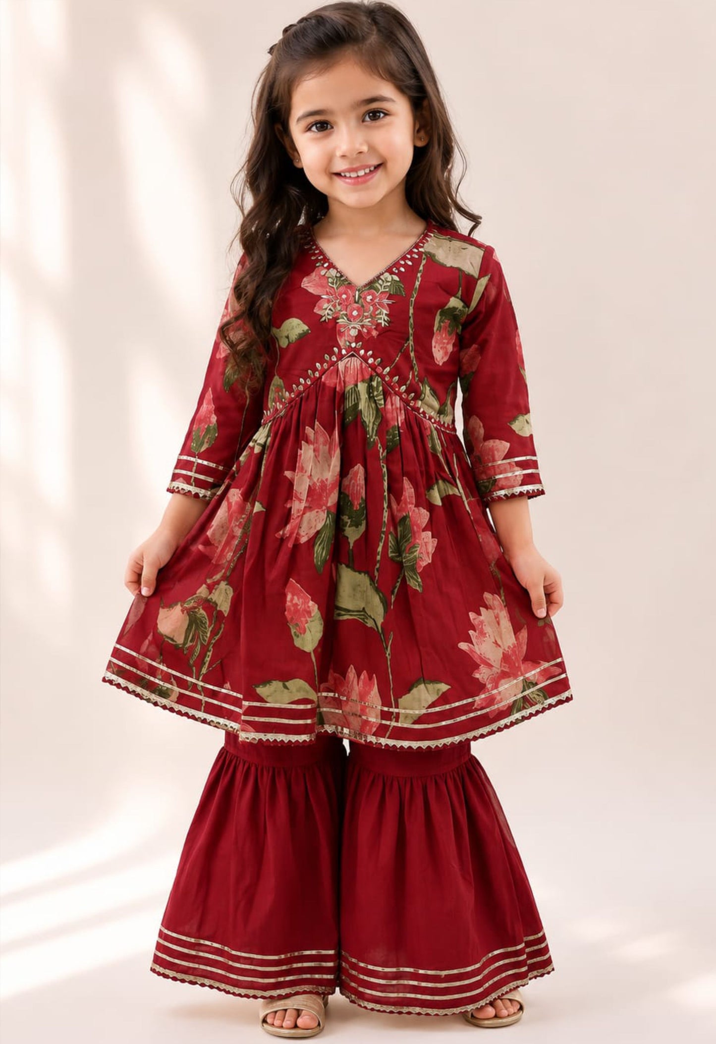 Wine Cotton Girls Floral Kurta Palazzo Set  - Twiny Twirls