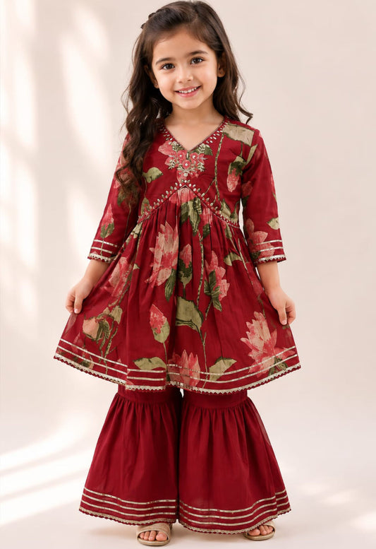 Wine Cotton Girls Floral Kurta Palazzo Set  - Twiny Twirls