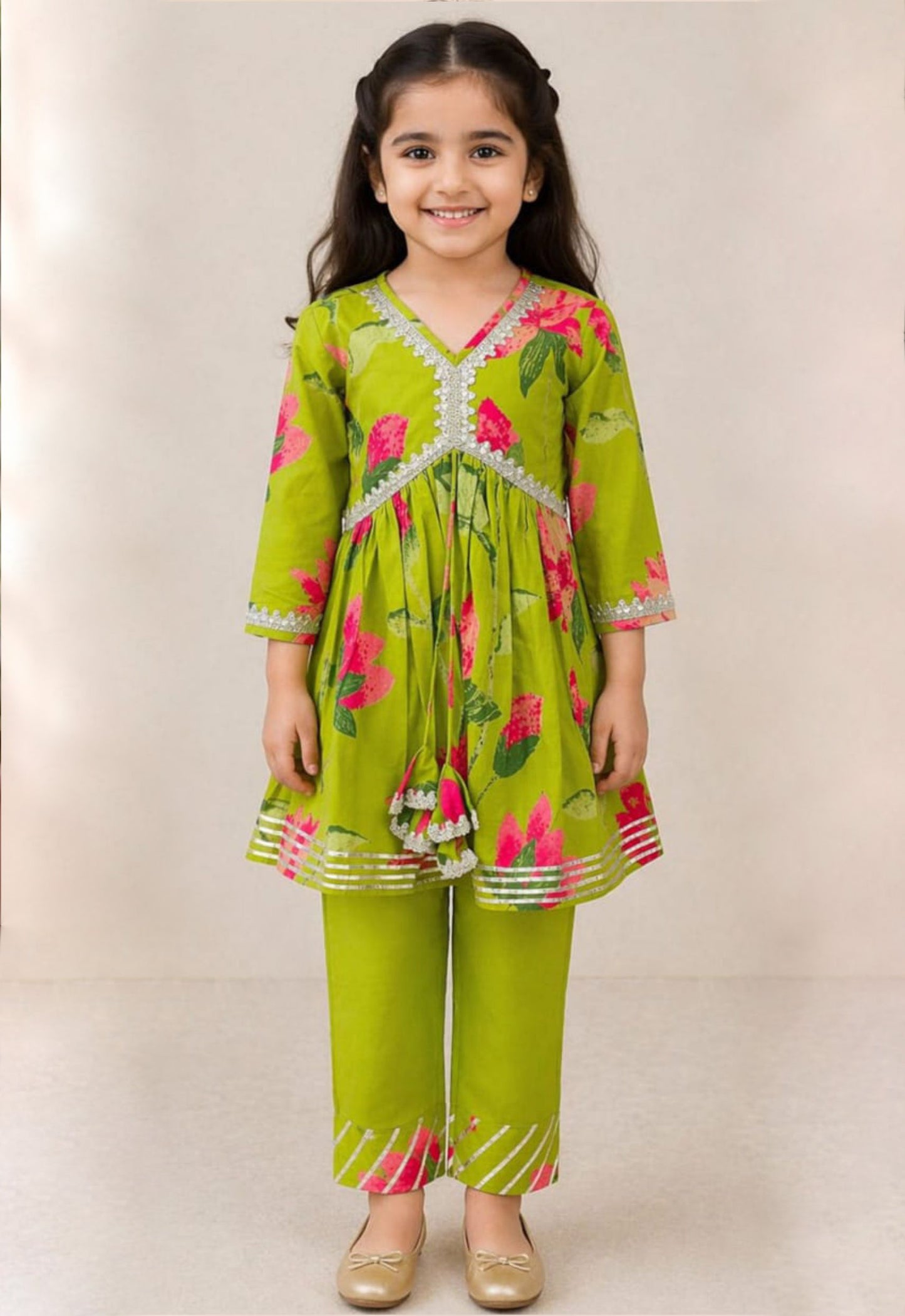 Lime Green Cotton Girls Floral Kurta Pant Set with Delicate Lace Detailing - Tiny Twirls