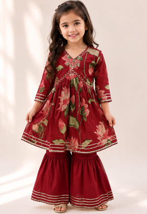 Wine Cotton Girls Floral Kurta Palazzo Set  - Twiny Twirls