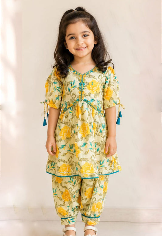 Ivory Cotton Girls Floral Kurta Dhoti Set with Tassel Sleeve - Tiny Twirls