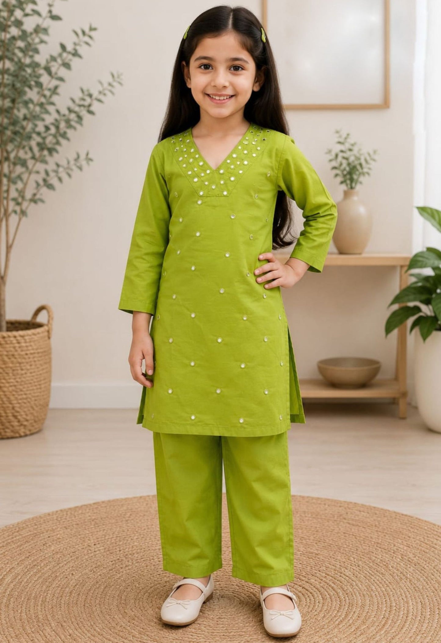 Lime Green Cotton Girls Straight Kurta Pant Set with Mirror Work  - Twiny Twirls