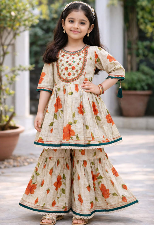 Beige Cotton Girls Floral Kurta Palazzo Set for Festive Elegance - Twiny Twirls