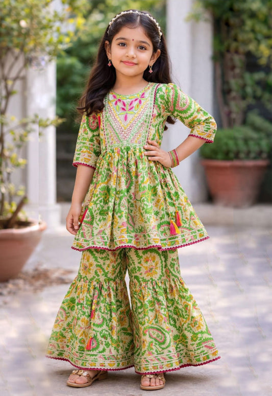 Pistachio Green Cotton Girls Printed Kurta Sharara Set - Tiny Twirls