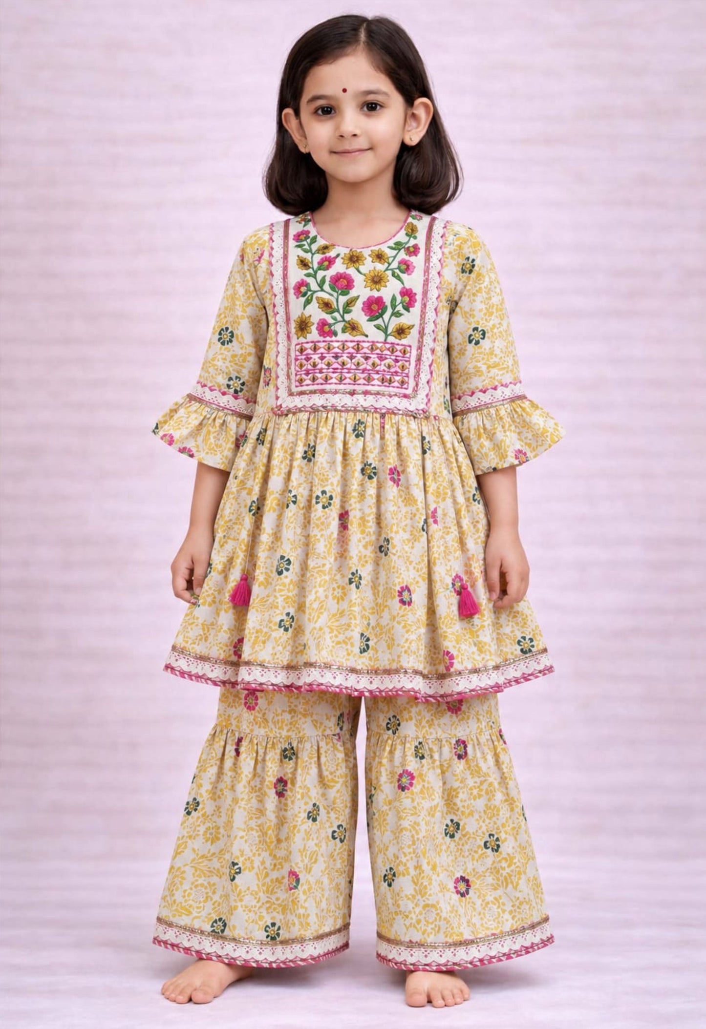 Cream Cotton Girls Floral Kurta Palazzo Set for Festive Charm -Twiny Twirls