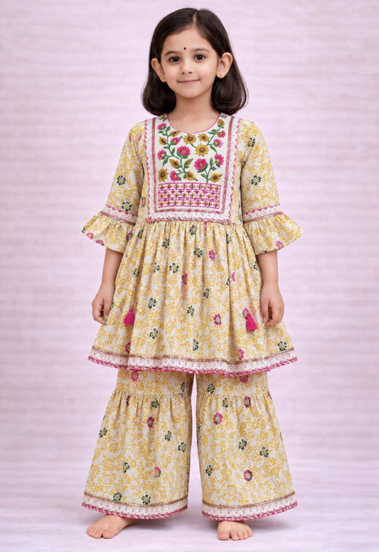 Cream Cotton Girls Floral Kurta Palazzo Set for Festive Charm -Twiny Twirls