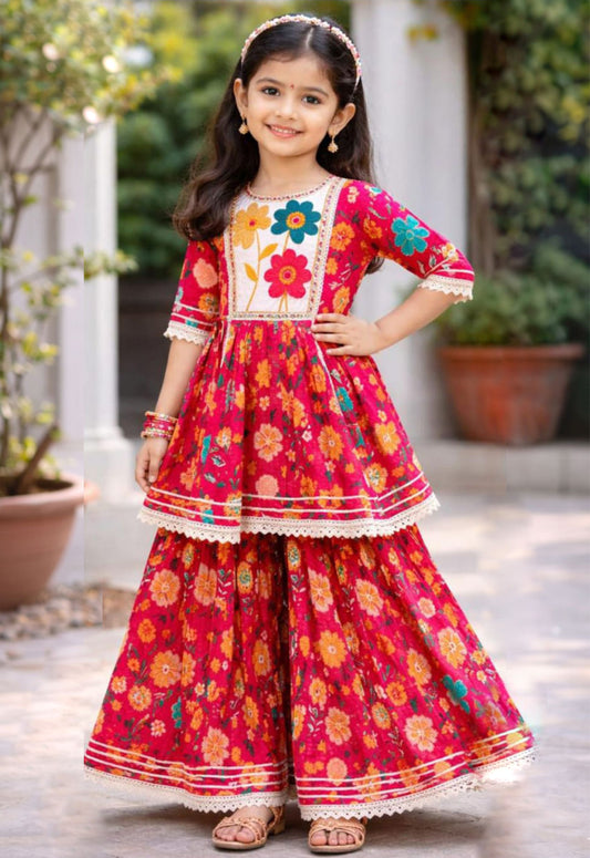 Crimson Red Cotton Girls Floral Kurta Sharara Set - Tiny Twirls