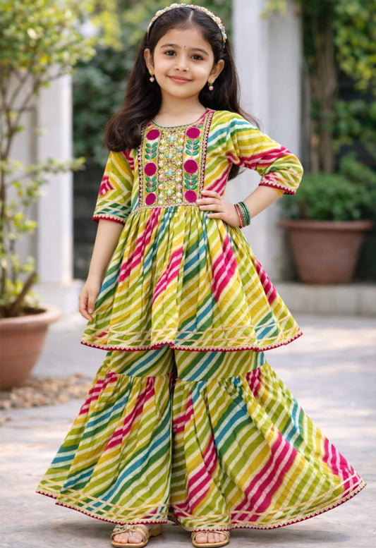 Multicolor Cotton Girls Leheriya Kurta Palazzo Set for Festive Elegance - Twiny Twirls