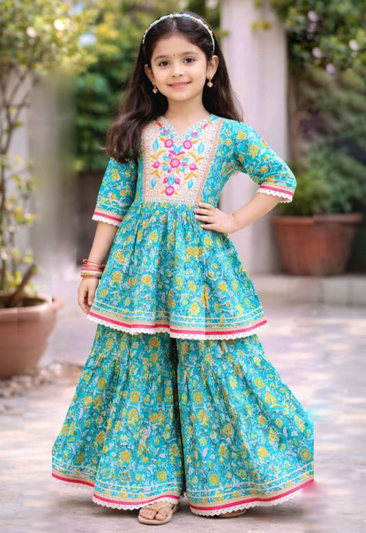 Aqua Blue Cotton Girls Floral Kurta Sharara Set - Tiny Twirls