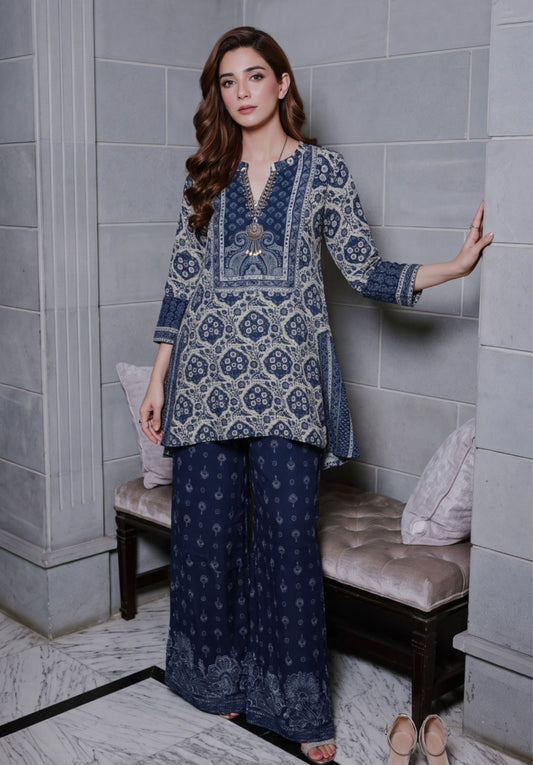 Navy Blue Printed Pure Viscose Crepe Kurta Palazzo Set for Women