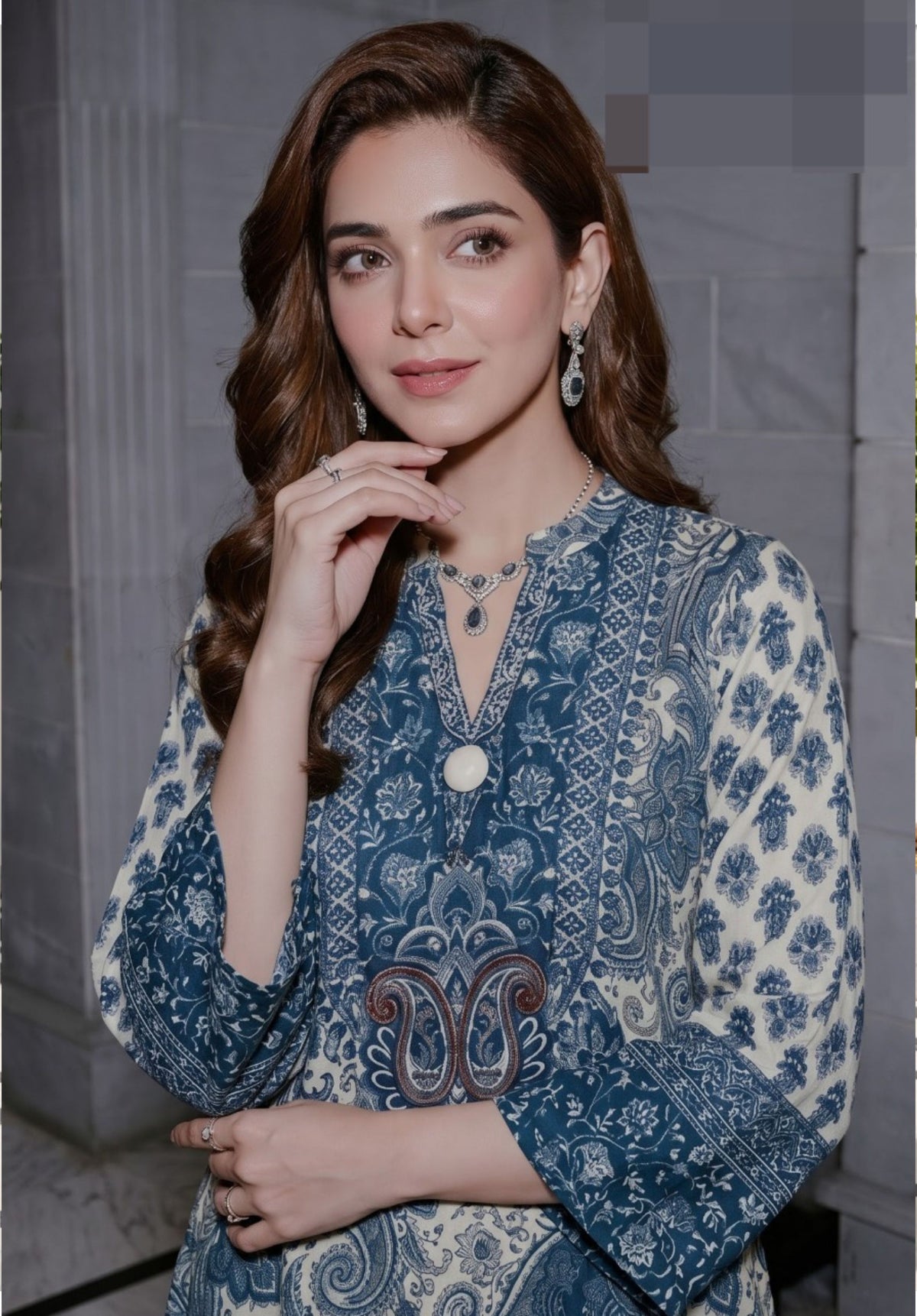 Navy Blue Printed Viscose Crepe Kurta Palazzo Suit Set