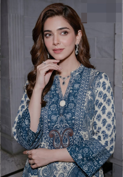 Navy Blue Printed Viscose Crepe Kurta Palazzo Suit Set