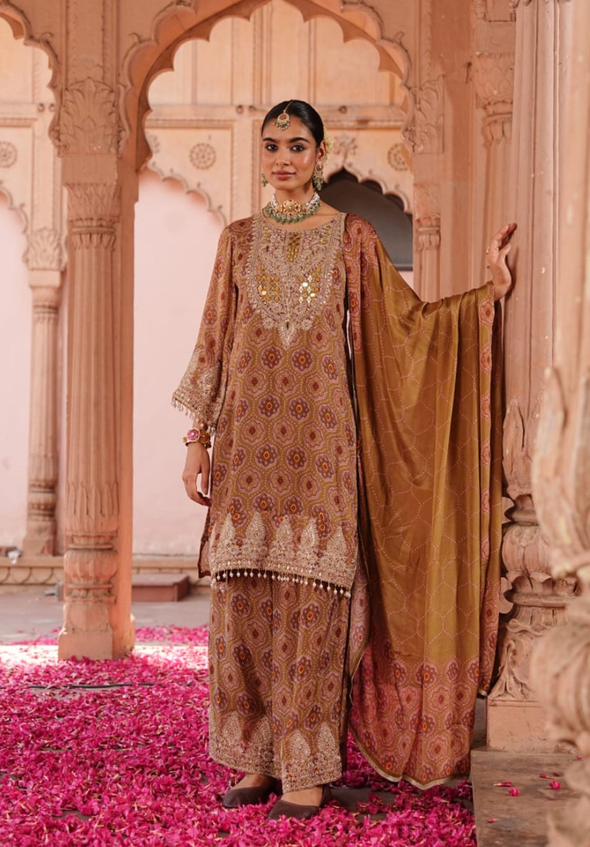 Mustard Printed Pure Chinon Festive Ethnic Suit Set with Dupatta