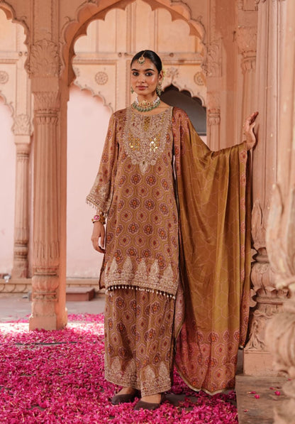 Mustard Printed Pure Chinon Festive Ethnic Suit Set with Dupatta