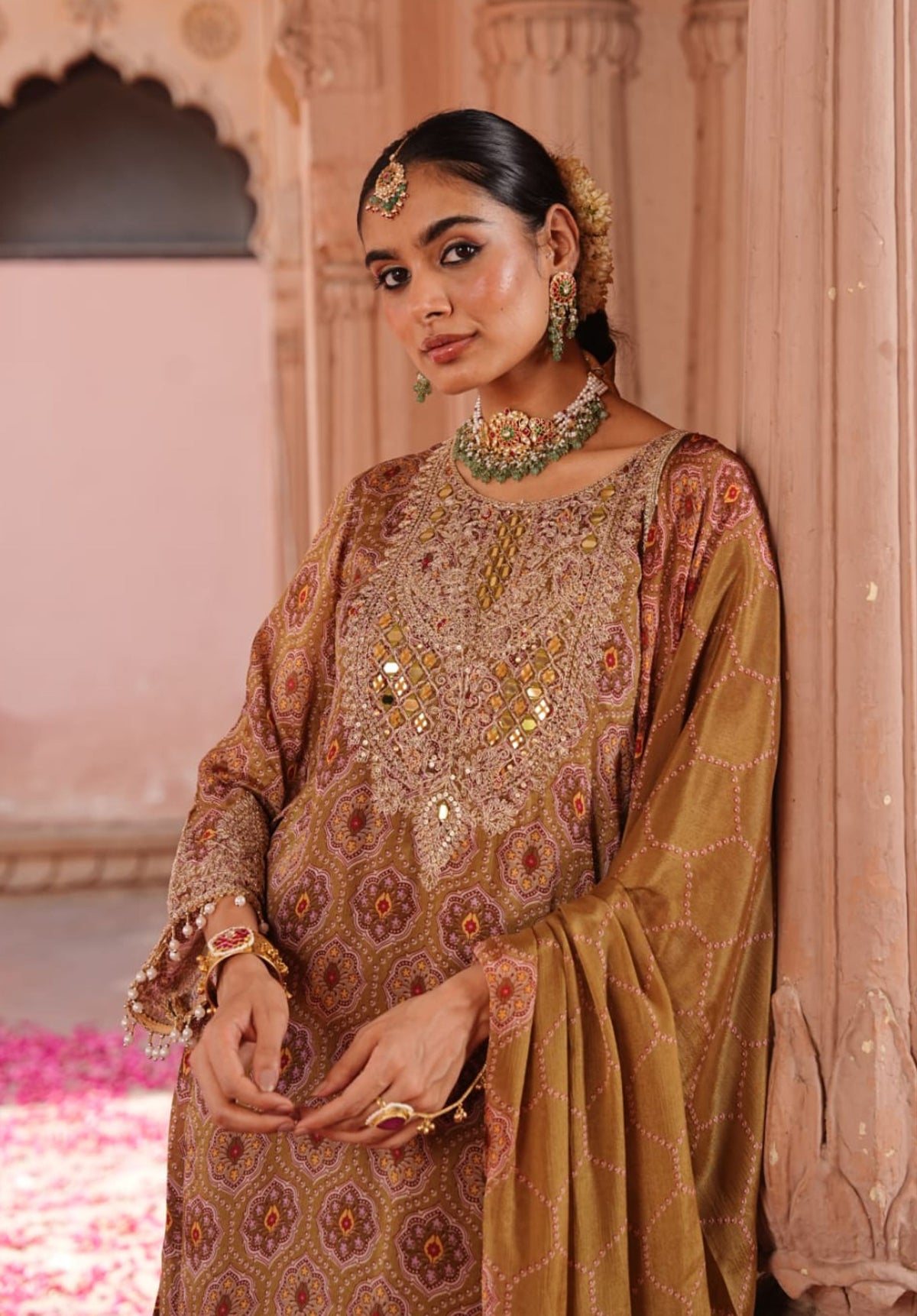 Mustard Printed Pure Chinon Festive Ethnic Suit Set with Dupatta