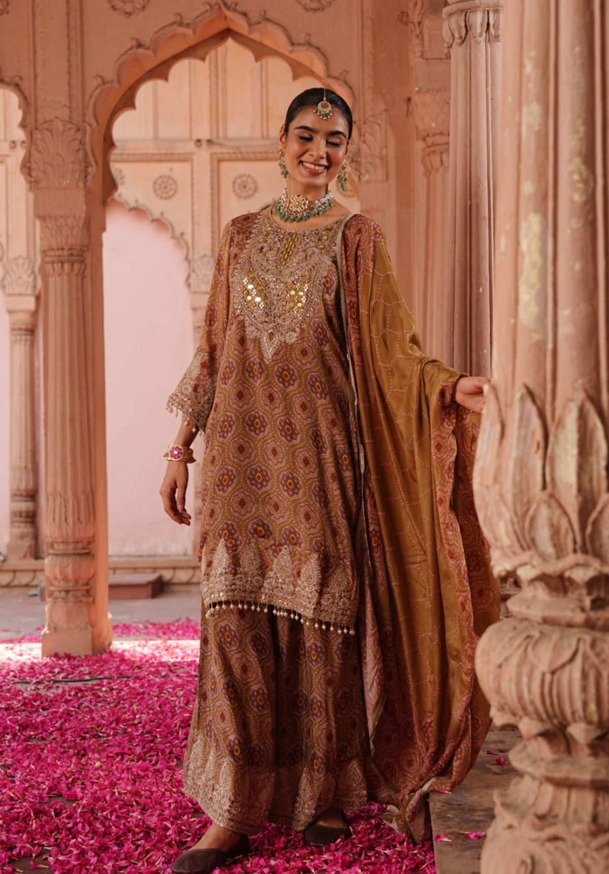 Mustard Printed Pure Chinon Festive Ethnic Suit Set with Dupatta
