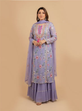 Elegant Lilac Floral Linen Kurta Set for Women Ethnic Wear