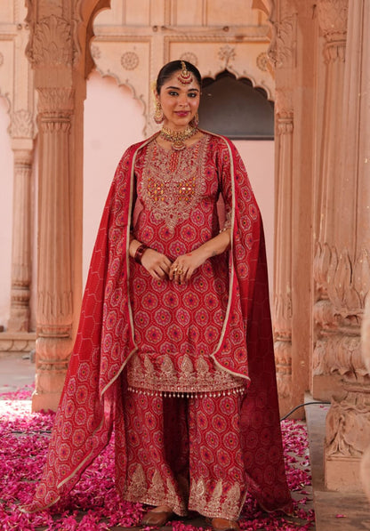 Red Printed Pure Chinon Festive Traditional Ethnic Suit Set with Dupatta