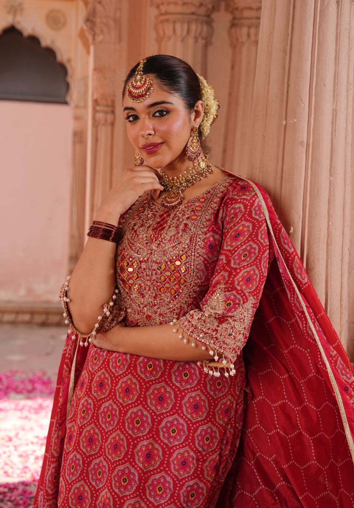 Red Printed Pure Chinon Festive Traditional Ethnic Suit Set with Dupatta
