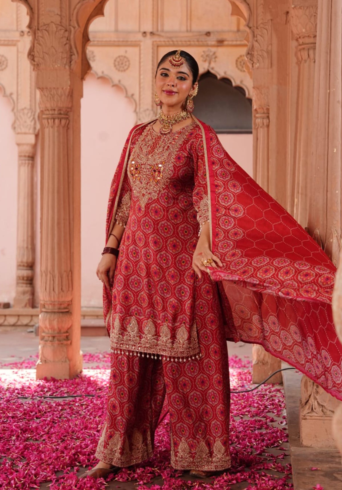 Red Printed Pure Chinon Festive Traditional Ethnic Suit Set with Dupatta