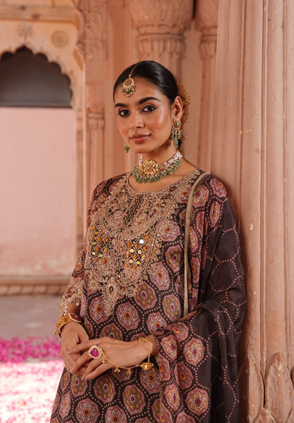 Brown Printed Pure Chinon Festive Ethnic Suit Set