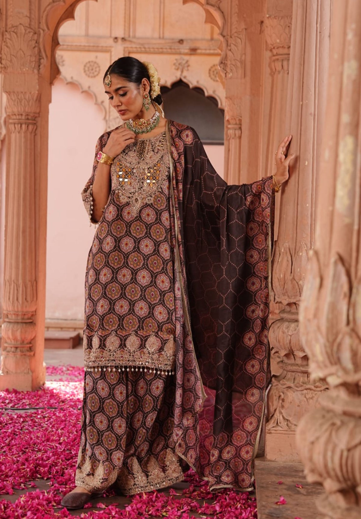 Brown Printed Pure Chinon Festive Ethnic Suit Set