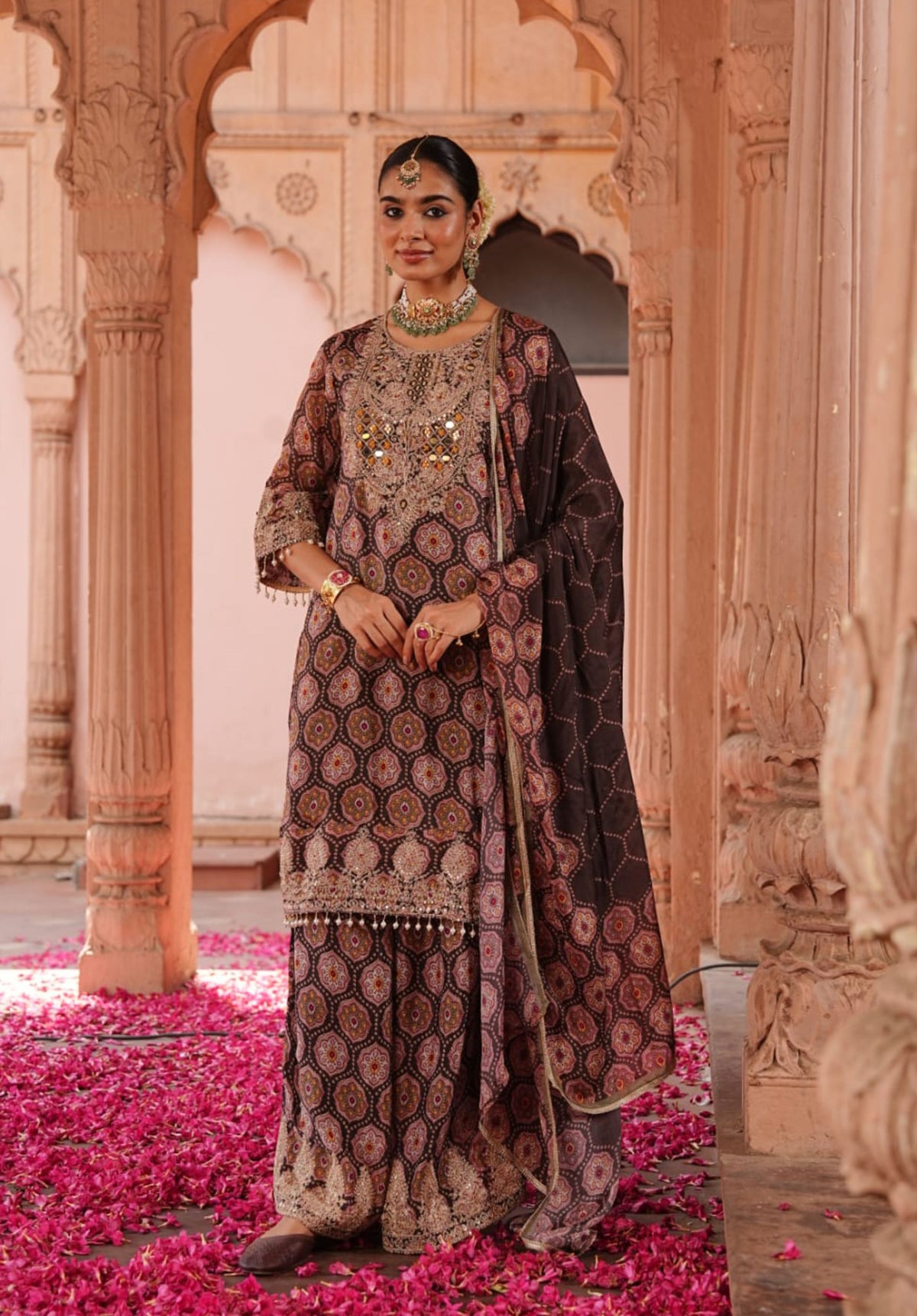 Brown Printed Pure Chinon Festive Ethnic Suit Set