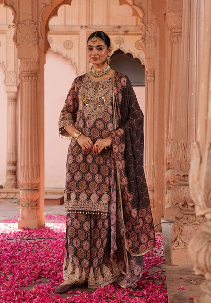 Brown Printed Pure Chinon Festive Ethnic Suit Set