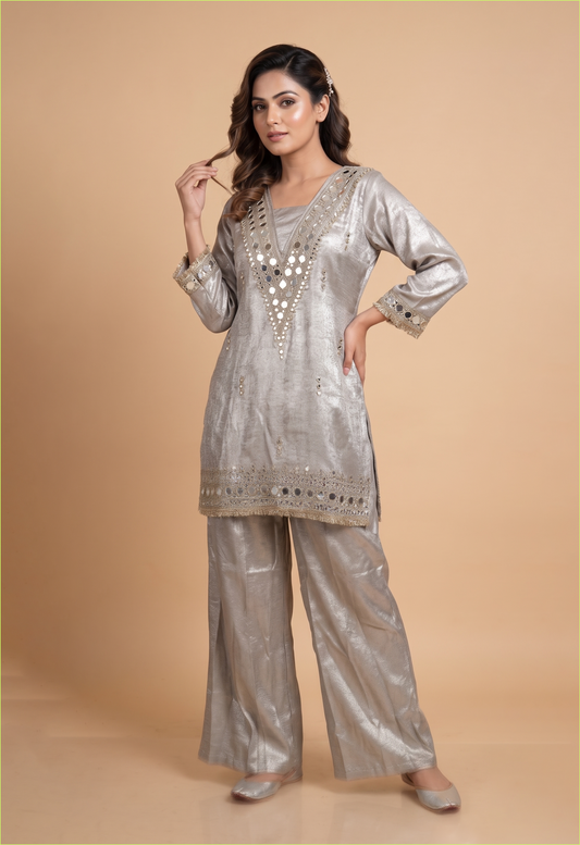 Elegant Silver Giraff Silk Mirror Work Designer Kurta Palazzo Co-Ord Set