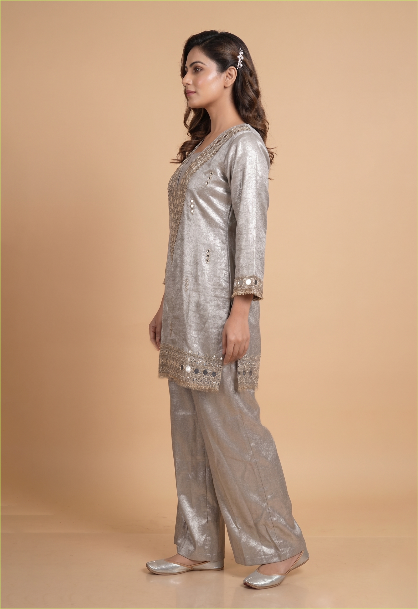 Elegant Silver Giraff Silk Mirror Work Designer Kurta Palazzo Co-Ord Set