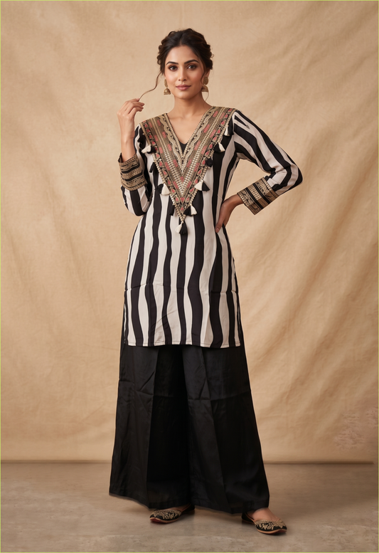 Stylish Black White Crepe Embroidered Kurta Palazzo Set for Festive Elegance