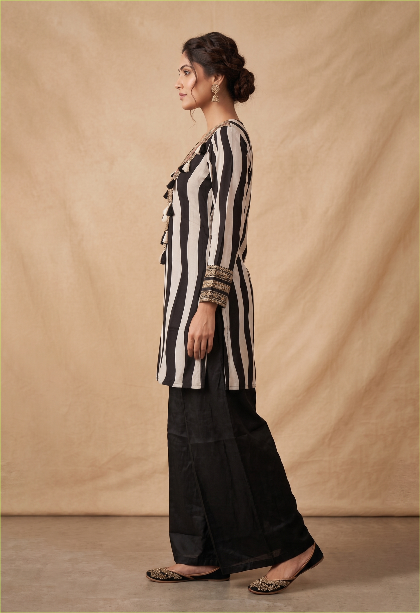 Stylish Black White Crepe Embroidered Kurta Palazzo Set for Festive Elegance