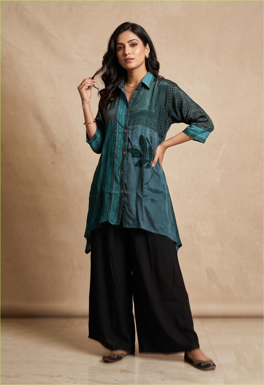 Elegant Teal Crepe Designer Shirt Kurta Palazzo Set for Modern Festive Wear