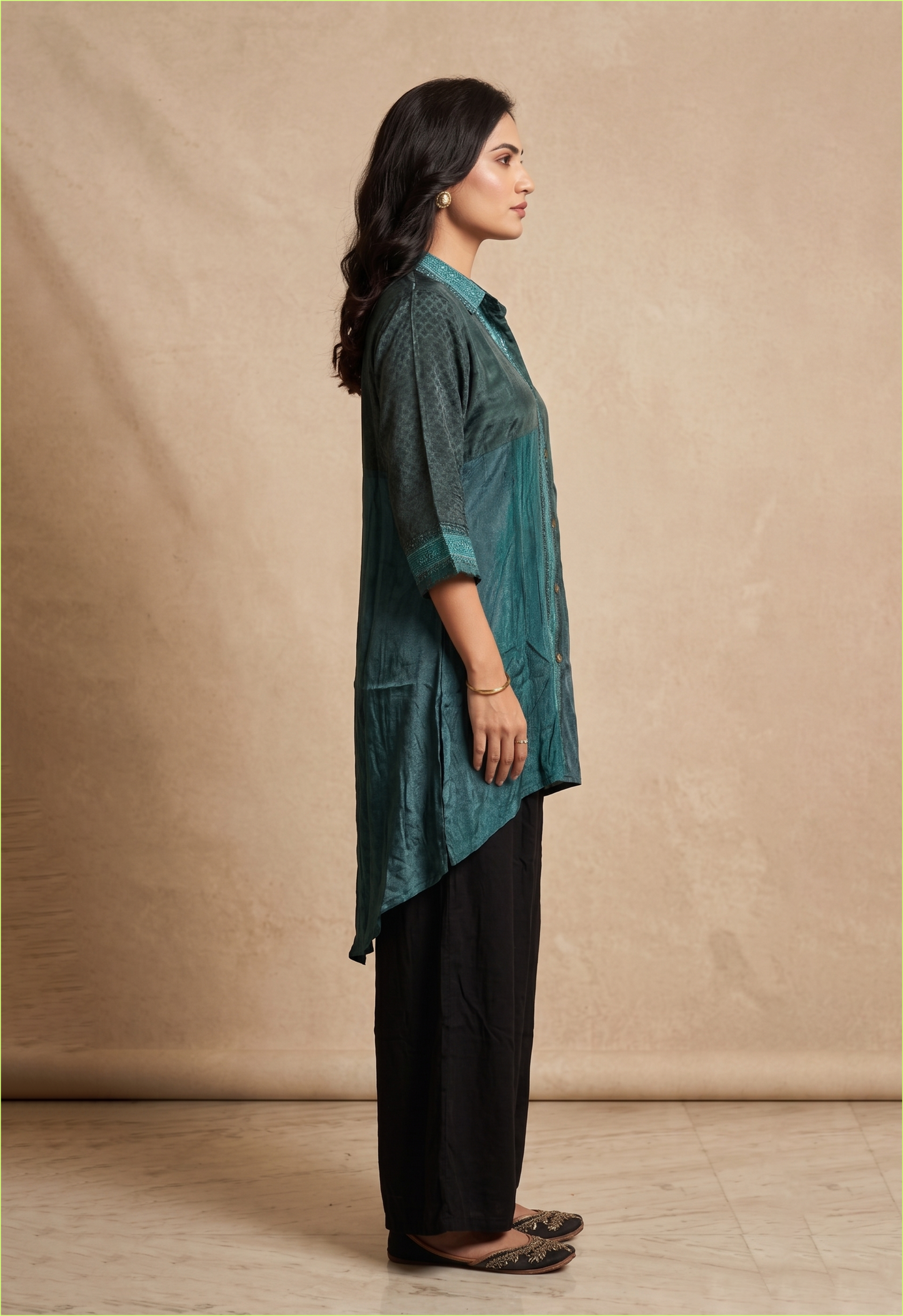 Elegant Teal Crepe Designer Shirt Kurta Palazzo Set for Modern Festive Wear