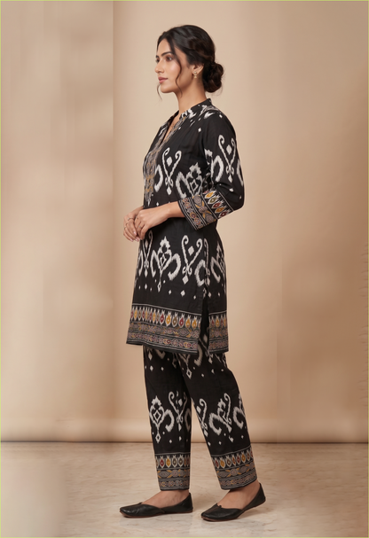 Stylish Black Cotton Ikat Printed Kurta Pant Set for Contemporary Ethnic Fashion
