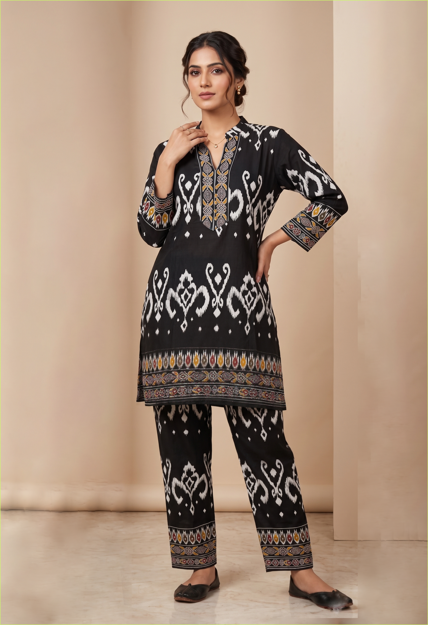 Stylish Black Cotton Ikat Printed Kurta Pant Set for Contemporary Ethnic Fashion