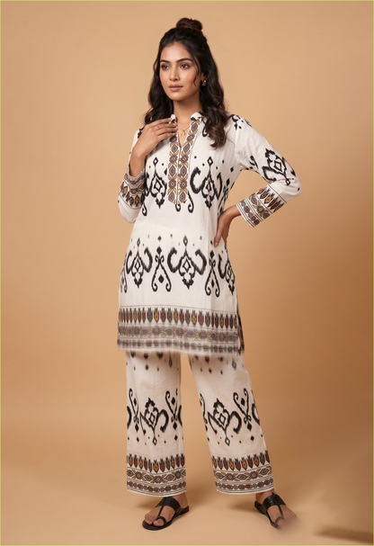 Elegant White Cotton Ikat Print Kurta Pant Co-Ord Set for Daily Ethnic Wear
