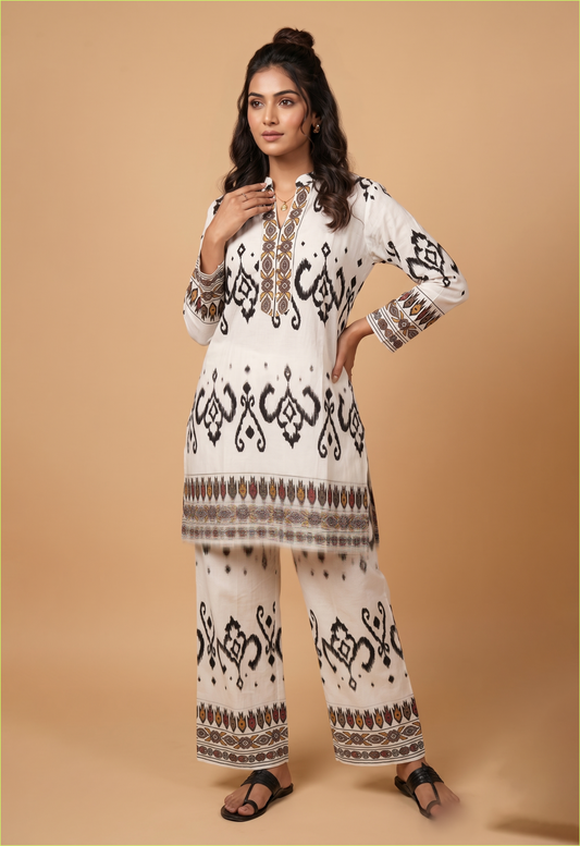 Elegant White Cotton Ikat Print Kurta Pant Co-Ord Set for Daily Ethnic Wear